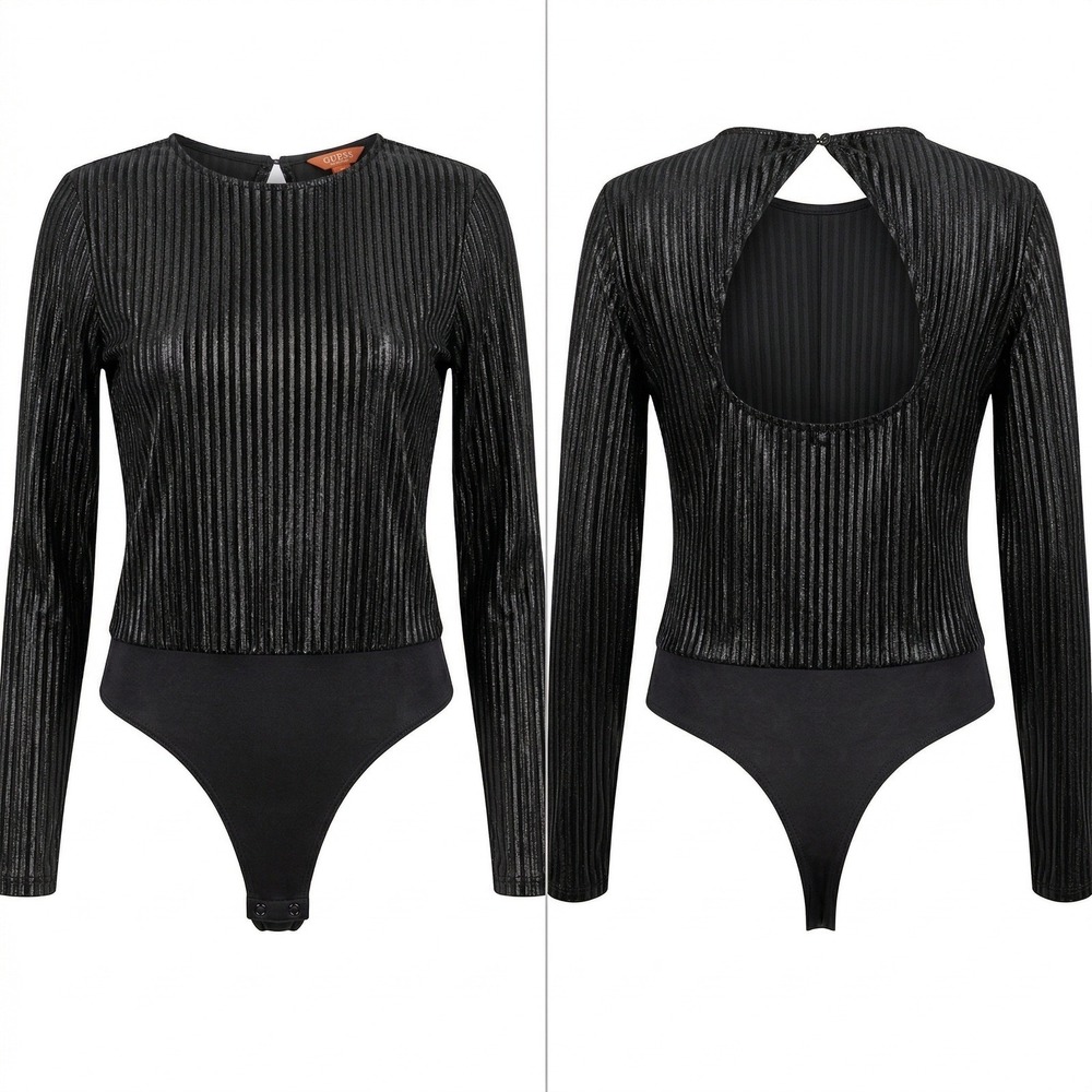 Guess Bodysuit Women M Black Excellent Metallic Pleated Open Back Long Sleeve